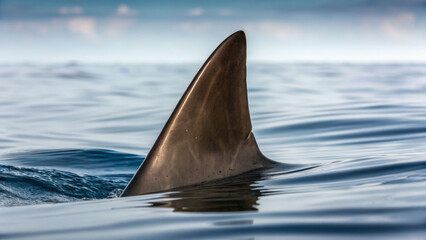 Fototapeta premium Solitude of a shark fin emerging from tranquil waters ocean depths close-up view serene environment