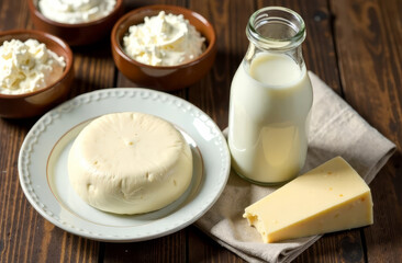 There is a bottle of fresh milk on the rustic table, next to it is a plate of fresh farm cheese and a piece of cheese on a linen napkin. In the background is a window, from which warm light is pouring