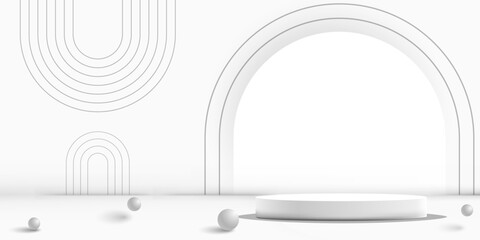 white and grey product presentation podium minimal background with geometric lines and 3d ball with shadow