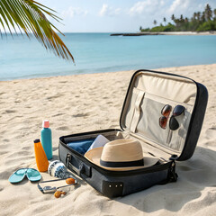 Packed suitcase beach chair and accessories at sea shore Vacation concept