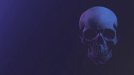 A skull illustration with purple and blue neon lighting against a dark background.