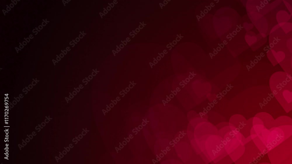 Poster red heart shapes are moving from the bottom right of a gradient grid abstract background, horizontal