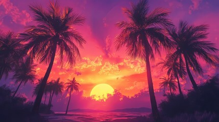 Obraz premium Breathtaking Sunset Over Tropical Beach with Palm Trees Silhouette