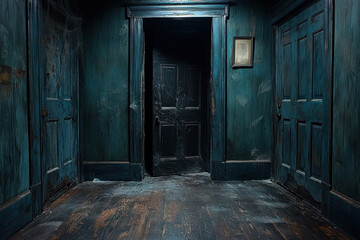 Obraz premium Dark, dusty hallway with cobwebs and multiple doors in abandoned house.