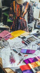 Fashion Design Workspace with Sketches and Colorful Fabrics