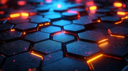 Obraz premium Abstract hexagonal grid with glowing neon blue and orange lights.