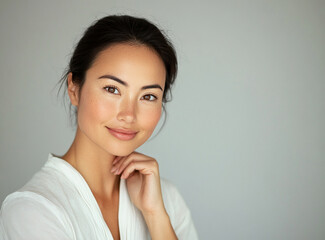 Fototapeta premium beautiful asian girl model smiling isolated on flat flat background skin care product