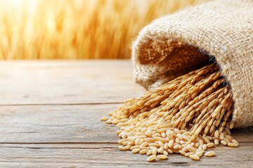 Golden Rice Harvest: Bountiful rice grains spill from a burlap sack, set against a rustic wooden table and a sun-drenched hay bale background.