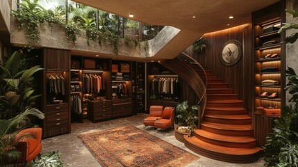 Fototapeta premium Stylish indoor space with staircase and greenery.