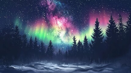 Naklejka premium Spectacular Aurora Borealis over a Snowy Forest Landscape at Night
