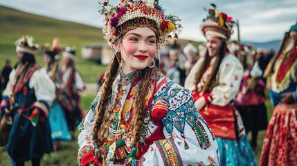 Fototapeta premium Joyful Young Woman in Colorful Traditional Attire Celebrating Culture