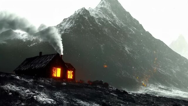 Snowy Mountain Cabin Fire Landscape: A Dramatic Winter Scene with a Cozy Cabin, Burning Brightly Against the Majestic, Snow-Covered Mountain, Exuding Warmth and Mystery in the Cold, Dark Night