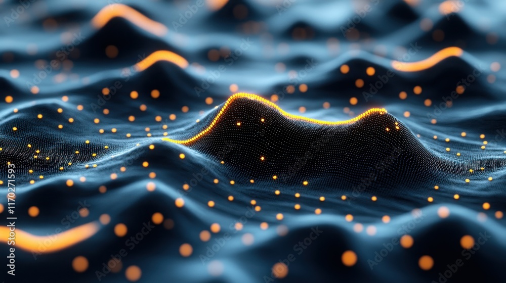 Poster abstract representation of waves with glowing particles.