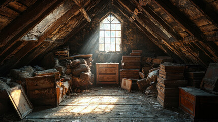 Dusty attic interior with light beam and old furniture.