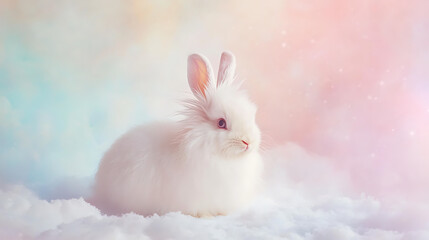 A single angora rabbit in a snowy environment, its fur blending with the snow, with soft pastel tones in the background
