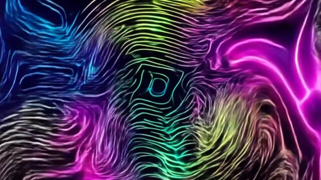 A vivid abstract composition with neon rainbow lines in motion, transforming and rotating on a black background for a bold, colorful display.