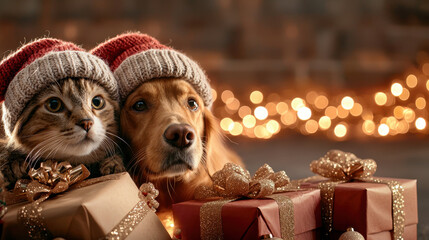 charming image of dog and cat wearing knitted hats, surrounded by gifts and festive lights, evoking warmth and joy