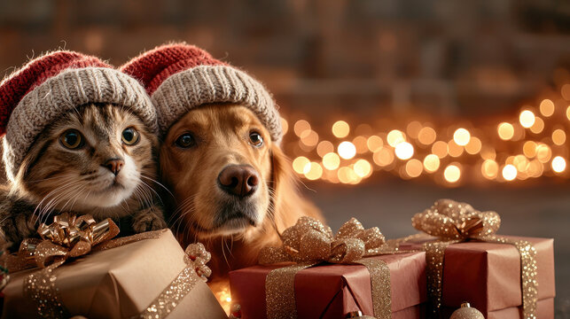 charming image of dog and cat wearing knitted hats, surrounded by gifts and festive lights, evoking warmth and joy