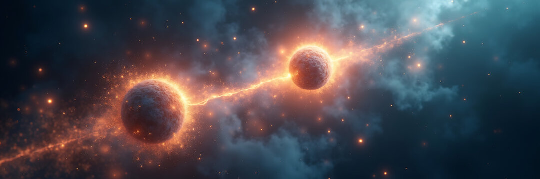A surreal depiction of quantum entanglement, featuring two glowing particles connected by a shimmering thread of light, floating in a vast cosmic space filled with swirling nebulas and mathematical eq
