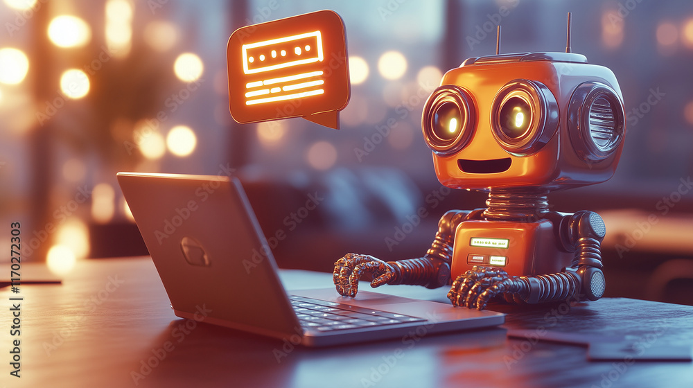 Fototapete 3d illustration of a cute robot typing on laptop with chat bubble in warm atmosphere, assistant conc