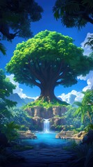 Lush green tree with waterfall in tropical jungle setting.