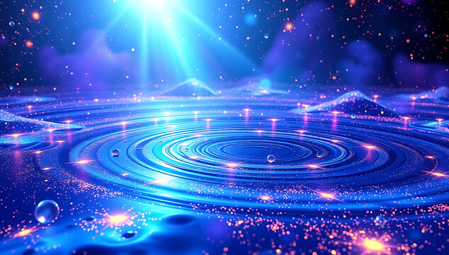 A quantum landscape where subatomic particles flow like liquid light, creating ripples in spacetime, with vibrant hues of blue, purple, and gold, symbolizing the interaction of energy and matter.

