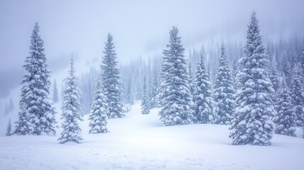 Obraz premium Serene Winter Wonderland: Snow-Covered Pines in a Misty Mountain Forest