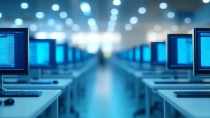 Fototapeta premium Rows of Computers in a Modern Office: Digital Technology and Connectivity