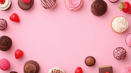 Assorted delicious cupcakes and chocolates arranged in a frame on pink background.