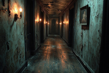 Obraz premium Dark, creepy hallway in abandoned house with peeling wallpaper and dim lighting.