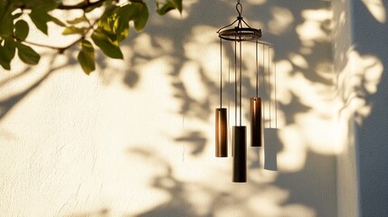 Tranquil Wind Chimes Casting Shadows on White Porch Wall in Soft Breezy Light