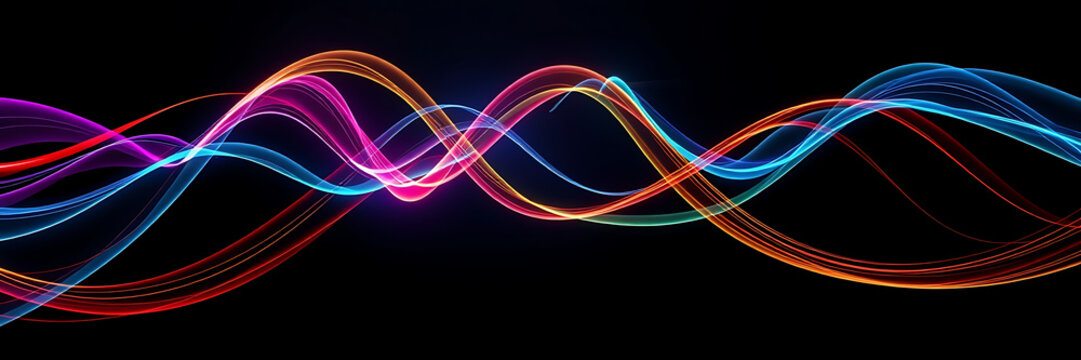 A visually stunning quantum world representation, with wave functions as colorful ribbons weaving through a black void, intersecting at points to form dynamic energy fields.

