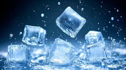 Ice cubes in motion with water droplets against a black background.