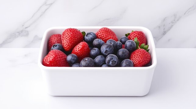 Fresh strawberries and blueberries in a white rectangular container on a marble surface.
