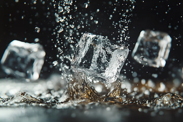 Ice cubes submerged in water with air bubbles rising against a black background.