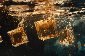 Ice cubes submerged in water with air bubbles rising against a black background.
