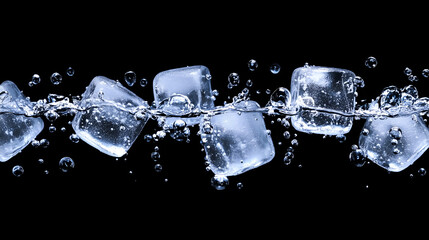 Ice cubes submerged in water with air bubbles rising against a black background.