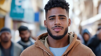 Naklejka premium A man in a brown hoodie standing in front of a crowd of people