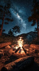 Serene Campfire Under a Starry Sky in a Tranquil Wilderness