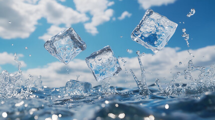 Floating ice cubes splash into the ocean under a bright blue sky .
