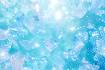 Floating ice cubes splash into the ocean under a bright blue sky .