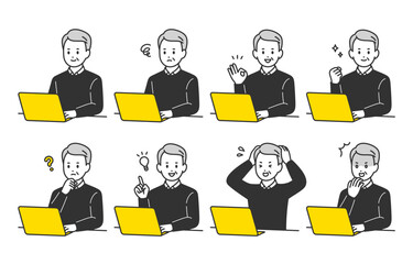 パソコンを見ながらいろいろな表情･ポーズをするシニア男性･高齢者のセット【人物ベクターイラスト素材】