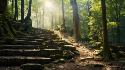 Ancient Stone Steps in a Sunlit Forest