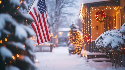 Snow-Covered Porch with American Flag and Christmas Lights Creating a Warm Holiday Atmosphere, Celebrating Patriotism and Festive Spirit in a Winter Suburban Setting