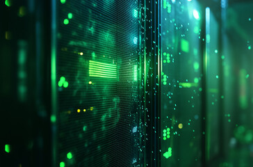 Close-up of a computer server with glowing green and blue data flow on it. The background is a dark room with rows of server cabinets
