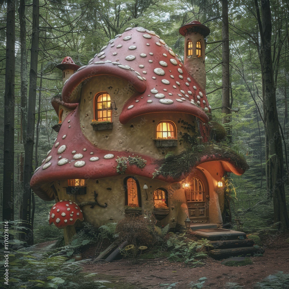 Wall mural A whimsical mushroom house nestled in the woods. AI.