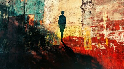 Obraz premium Urban Solitude: Ominous Shadow of a Lone Walker in Gritty Alley Cityscape