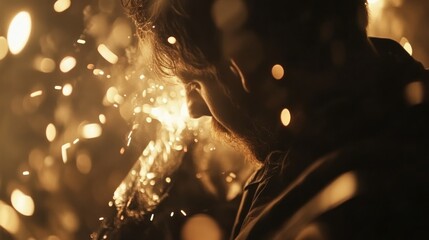 A person surrounded by sparks, creating a dramatic, warm atmosphere.