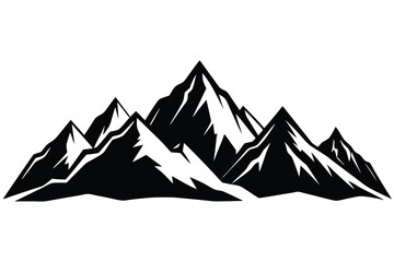 Detailed black and white vector illustration of mountain range silhouette with snowy peaks