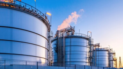 Obraz premium Industrial tanks at a facility with steam rising against a clear sky.
